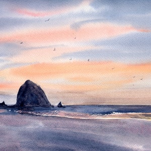 Cannon Beach Painting Oregon Coast Extra Large Watercolor Print Haystack Rock Poster Ocean Sunset Fine Art