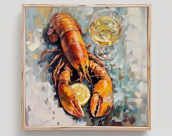 Lobster and White Wine Art Red Lobster Print From an Original Impasto Oil Painting