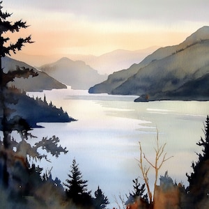 Columbia Gorge Art Mountain River Painting Print Foggy Landscape Pine Forest Fine Art Print