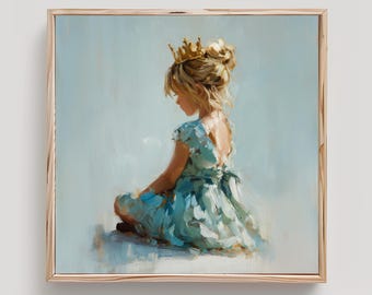 May include: An oil painting in a light wood frame depicting a figure with blonde hair styled in an updo, wearing a gold crown and a light blue dress. The artwork features visible brushstrokes and a soft, muted color palette against a pale background.