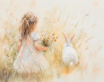 Blonde Little Girl and Bunny Painting White Rabbit Watercolor Painting Print