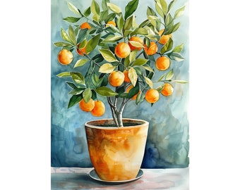 Orange Tree Painting Print Fruit Tree Wall Art Vintage Orange Tree Watercolor Poster