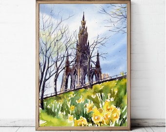 Edinburgh Painting Scott Monument Art Extra Large Print Scottish Art Scotland Watercolor