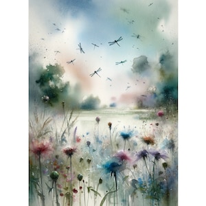 Dragonfly Meadow Art Dragonfly Print Neutral Wildflowers Painting Floral Watercolor Poster