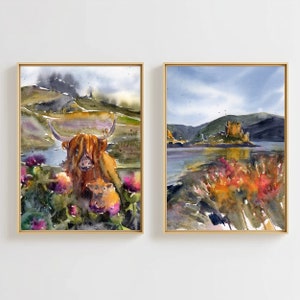 Baby Cow Mom Painting Cow Art Print Large Scottish Highland Cow Landscape Eilean Donan Castle Watercolor Set of 2 Prints