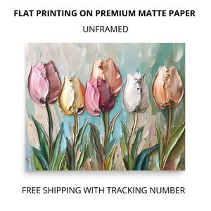 May include: A painting of six colorful tulips with a textured, painterly style. The tulips are pink, white, peach, and yellow. The background is a soft blue and green.