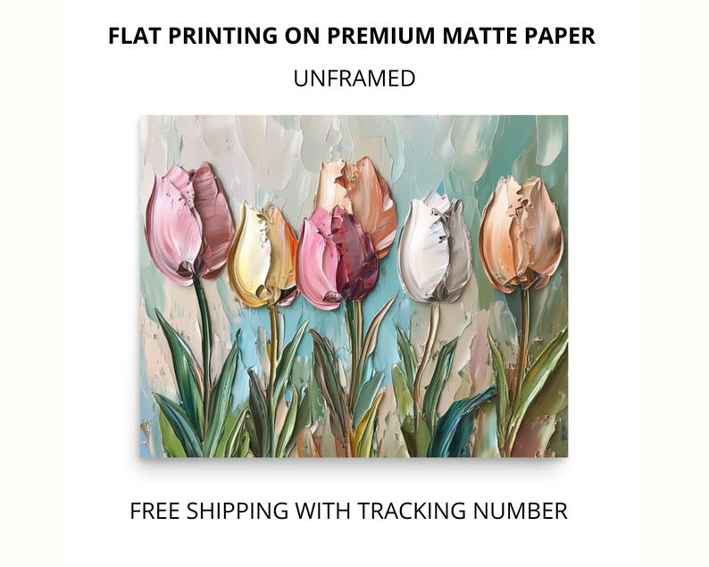 May include: A painting of six colorful tulips with a textured, painterly style. The tulips are pink, white, peach, and yellow. The background is a soft blue and green.
