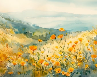 California Coast Landscape Californian Poppy Print Neutral Extra Large Big Sur Painting Print Watercolor