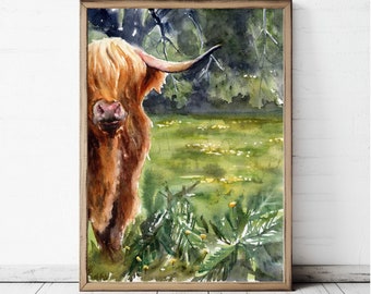 May include: Watercolor painting of a Highland cow in a wooden frame. The cow has long, shaggy, light brown fur and a pink nose. The background features a green field with yellow flowers and trees.