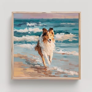 May include: A framed painting of a dog running on a beach. The dog has brown and white fur, with its tongue out. The ocean is in the background, with blue and white waves. The sky is a light pink.