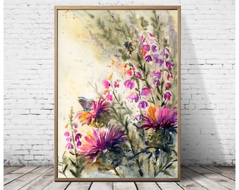 Scottish Art Thistle Painting Print Scotland Floral Watercolor Butterfly Wall Art