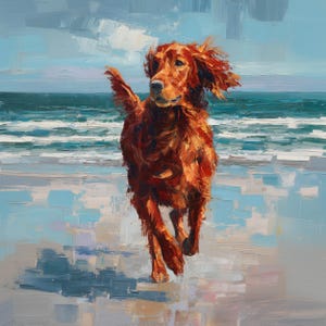 Peut inclure: Peinture à l'huile d'un chien Setter irlandais doré courant sur une plage. Le chien est d'un roux-brun vibrant, avec sa fourrure soufflée par le vent. L'arrière-plan présente une mer et un ciel bleus, avec des vagues blanches.