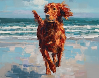Irish Setter Art Dog on Beach Print From an Original Impasto Oil Painting