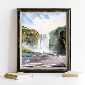 Skogafoss Iceland Watercolor Print Icelandic Waterfall Painting image 5