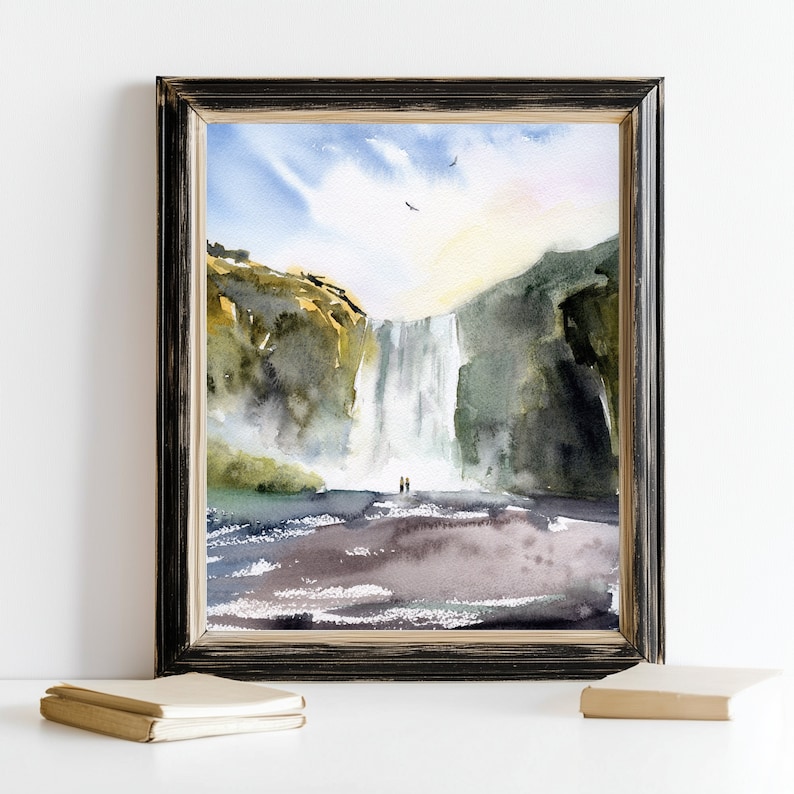 Skogafoss Iceland Watercolor Print Icelandic Waterfall Painting image 5