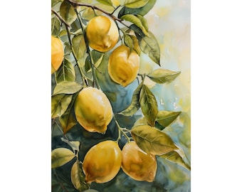 Lemon Tree Art Fruits Painting Print Lemon Fine Art Print Kitchen Wall Decor Fruits Watercolor Poster