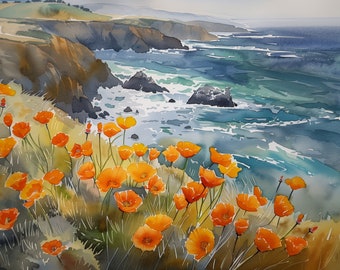 May include: Watercolor painting of a coastal scene with orange poppies blooming on a cliffside overlooking a blue ocean with white waves.