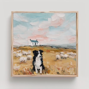 May include: Square framed painting of a black and white Border Collie dog in a field with sheep. A small white house with a blue roof sits on a hill under a sky of pink and blue clouds. The painting has a textured, impressionistic style.