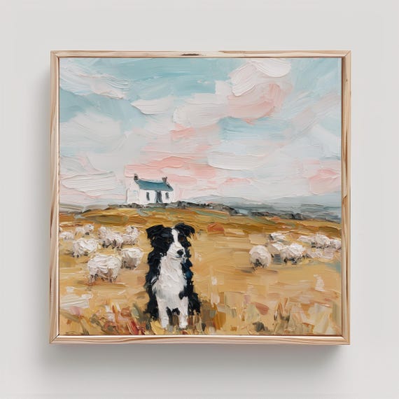 Border Collie Art Dog and Sheep Print From an Original Impasto Oil Painting