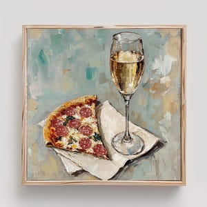 Pizza Painting Wine and Pizza Wall Art Cocktail Print From an Original Impasto Oil Painting