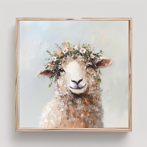 Sheep Painting Lamb Flower Wall Art Sheep Portrait Print From an Original Impasto Oil Painting