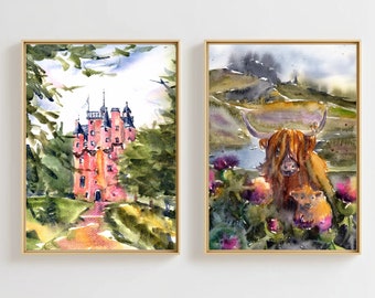 Scotland Painting Castle Art PRINT Highland Landscape Watercolor Set of 2 Prints