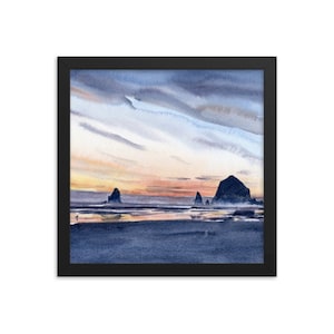 May include: A watercolor painting of a seascape with a rocky island in the distance. The sky is a mix of blue, gray, and orange, with clouds moving across the horizon. The water is a deep blue, reflecting the colors of the sky.