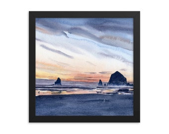 May include: A watercolor painting of a seascape with a rocky island in the distance. The sky is a mix of blue, gray, and orange, with clouds moving across the horizon. The water is a deep blue, reflecting the colors of the sky.