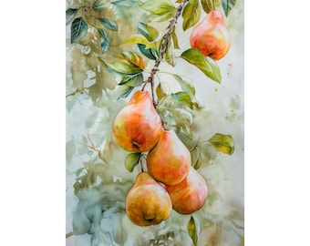 Op de afbeelding: Aquarel schilderij van peren aan een tak. De peren zijn een mix van geel en oranje, met een roodachtige blos. Groene bladeren en takken zijn ook zichtbaar. De achtergrond is een zachte aquarel wassing van groen en geel.