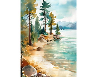 Lake Tahoe Painting Mountain Lake Wall Art Lake Rocky Shores Painting Print Watercolor