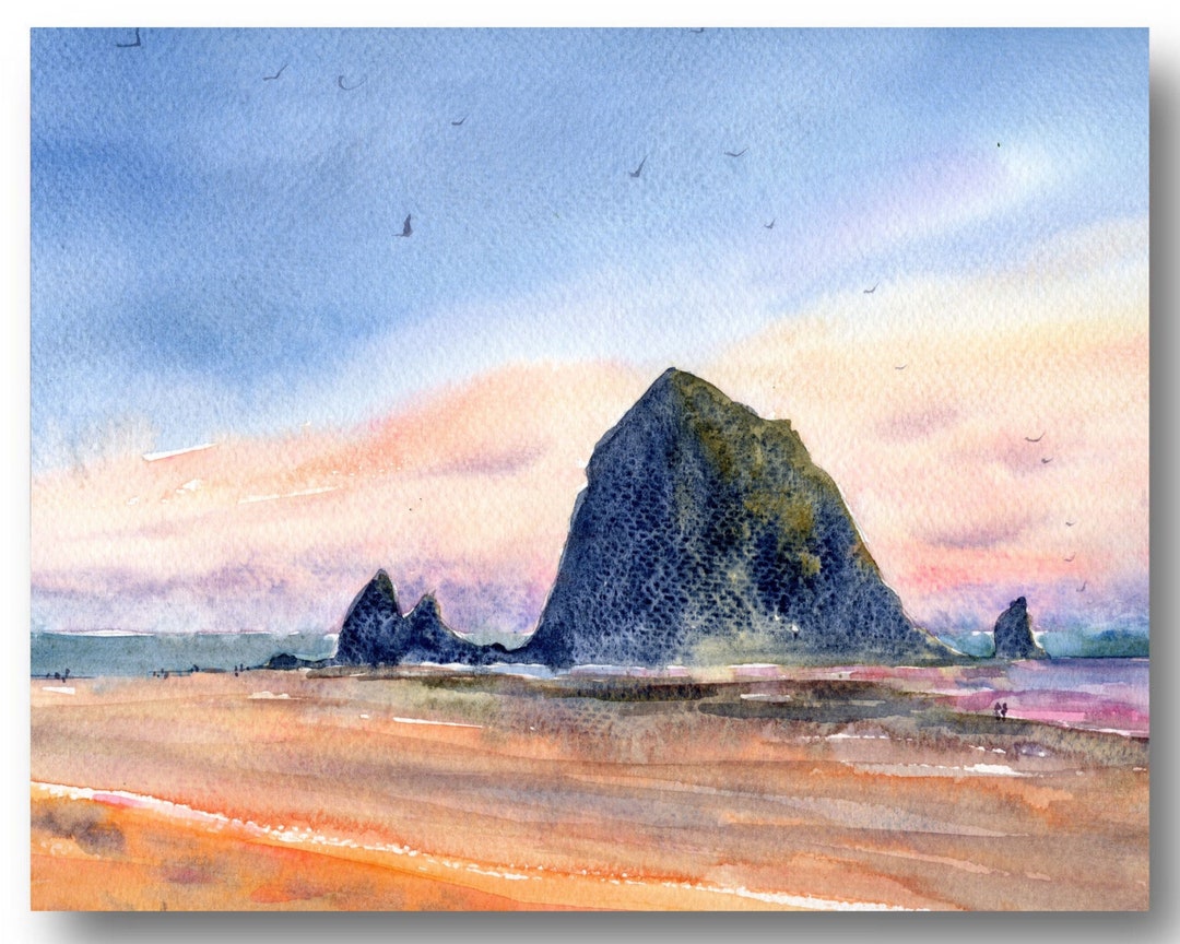 Cannon Beach Art Large Print Oregon Coast Poster Haystack Rock Print Watercolor Etsy