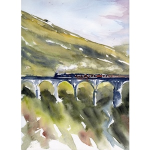 Scotland Art Glenfinnan Viaduct Print Large Scottish Landscape Painting Print Watercolor Jacobite Steam Train Artwork
