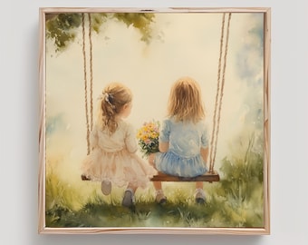 Two Little Girls on Swing Painting Wildflowers Watercolor Painting Print