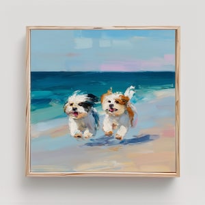 May include: An oil painting depicts two small dogs running on a beach. The dogs have white fur with black and brown markings. The background shows a blue ocean and sky, with a light-colored beach.