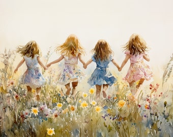 May include: Four girls with long hair wearing floral dresses run through a field of wildflowers. The girls are holding hands and smiling as they run.