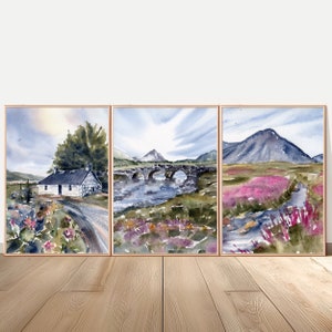 Scottish Landscape Painting Isle of Skye Fine Art Large PRINT Watercolor Set of 3 Prints