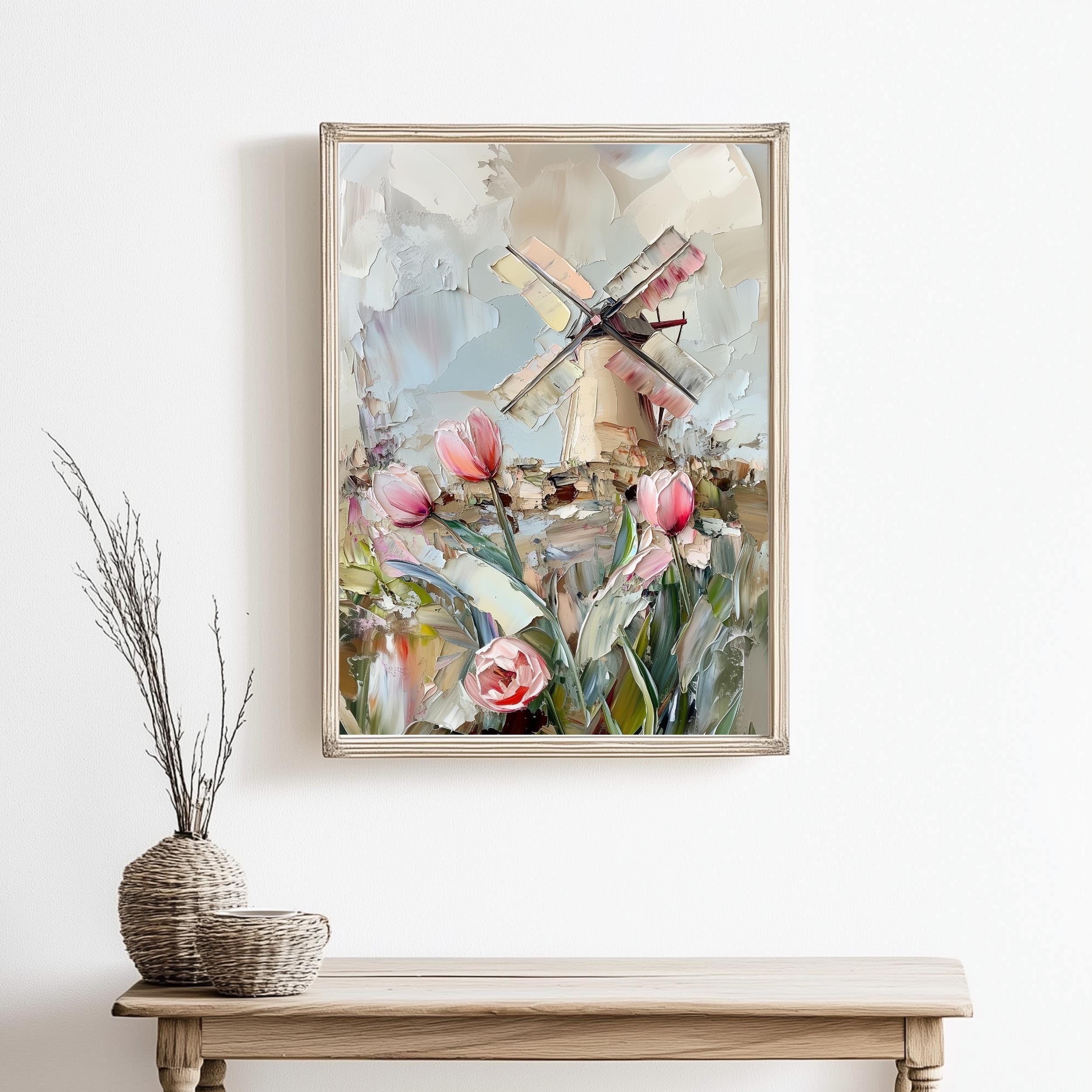 Windmill & Tulip Field Art Print: Netherlands Impasto Oil Painting - Etsy