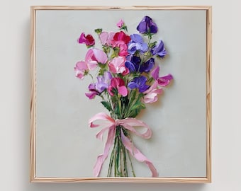 Sweet Pea Art Bouquet with a Bow Print From an Original Impasto Oil Painting