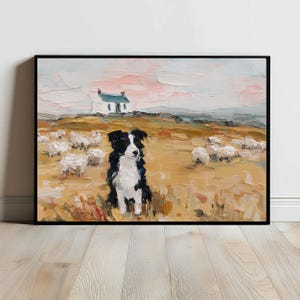 May include: An oil painting in a black frame depicting a black and white dog sitting in a golden field with a small white house in the background. The scene features thick, textured brushstrokes and a soft pink and blue sky above the landscape.
