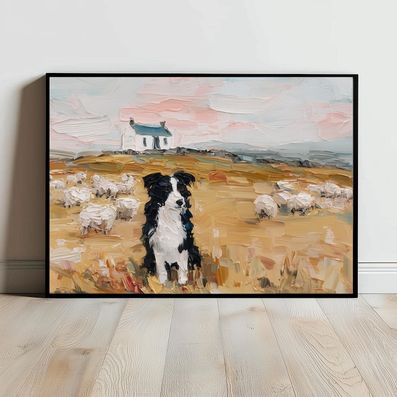 May include: An oil painting in a black frame depicting a black and white dog sitting in a golden field with a small white house in the background. The scene features thick, textured brushstrokes and a soft pink and blue sky above the landscape.