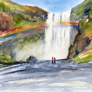 May include: Watercolor painting of a waterfall with a rainbow arching across the water. The scene includes green and brown cliffs, a blue sky, and two small figures standing near the base of the falls. The artwork is a landscape.