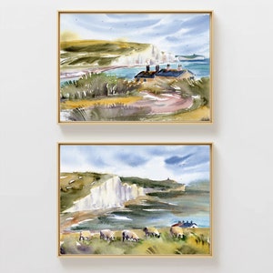 Seven Sisters Painting Seaford Head Art PRINT Sussex England Rural Landscape Sheep Watercolor Set of 2 Prints