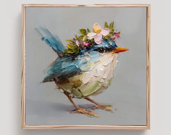 Wren Bird Art Floral Crown Print From an Original Impasto Oil Painting