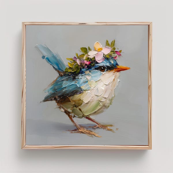 Wren Bird Art Floral Crown Print From an Original Impasto Oil Painting