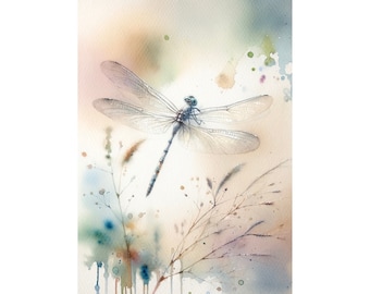 Dragonfly Meadow Art Blue Dragonfly Print Neutral Wildflowers Watercolor Painting Print
