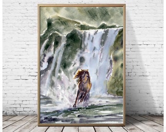 Iceland Painting Icelandic Landscape Waterfall Horse Art Large Print Icelandic Fine Art Nordic Pony Wall Art Skogafoss Extra Large Print