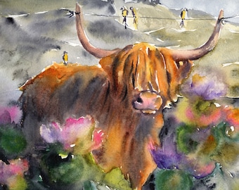 Highland Cow Art Print: Scottish Landscape Watercolor