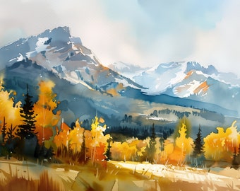 Rocky Mountain Painting Colorado Fall Landscape Watercolor Art Print