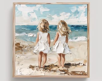 Two Sisters On Beach Art Little Girls Sibling Print From an Original Impasto Oil Painting