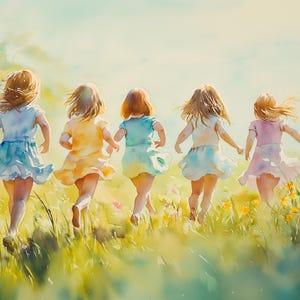 May include: A watercolour painting depicts five children running through a meadow. They wear dresses in pastel colours, including blue, yellow, and pink. The scene is bathed in sunlight, creating a feeling of happiness.